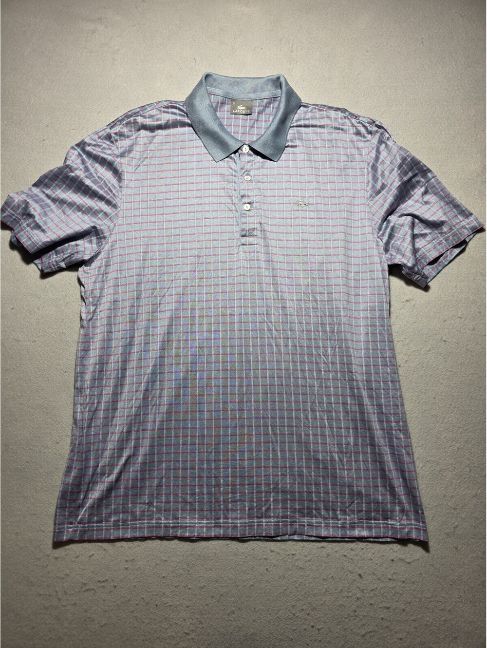 Men's Lacoste Polo Shirt Size 6 Blue Pink Plaid Cotton Short Sleeve Classic